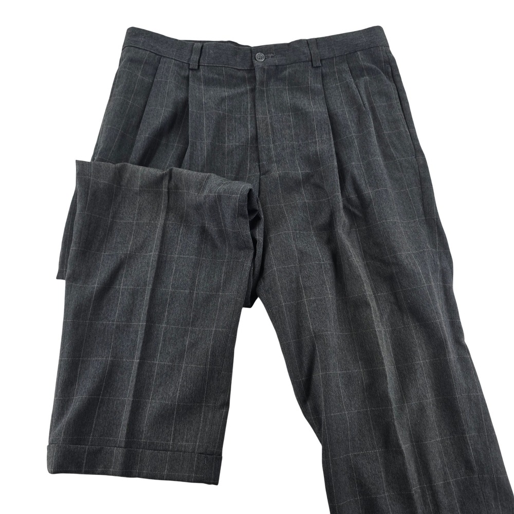 Perry Ellis Mens Dress Pants 34x30 Gray Windowpane Pleated Cuffed